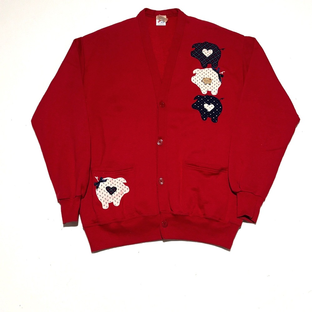 Knotts Simple Country Pleasures Cardigan Women‎ XL Red Pig Applique Cottagecore